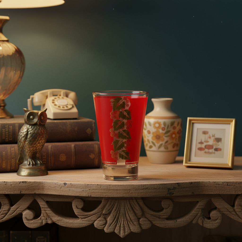 Vintage Libbey red grape leaf cocktail glass displayed on a decorative shelf with vintage collectibles and retro home decor