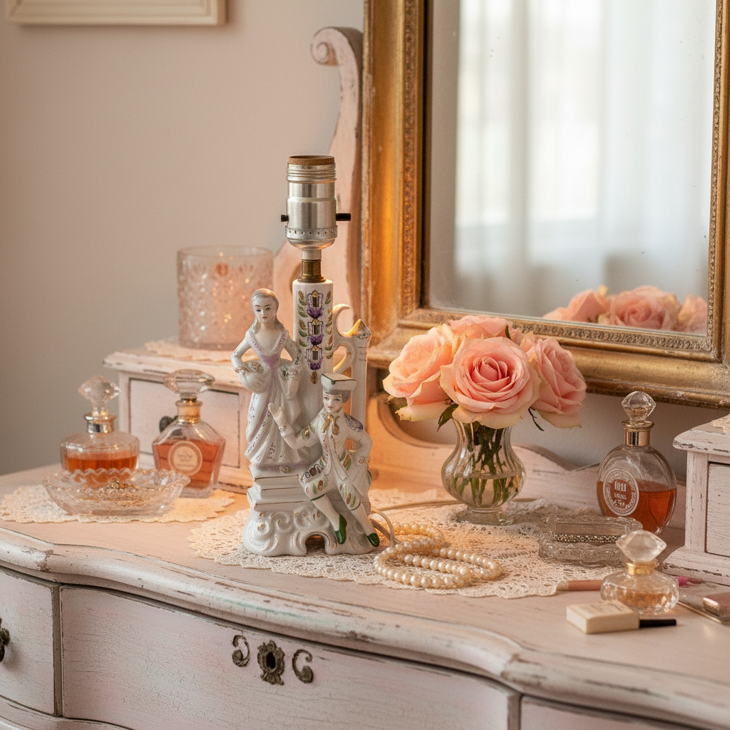 Wales Pottery figural boudoir lamp styled on a shabby chic vanity with antique mirror, pearl jewelry, and pink roses