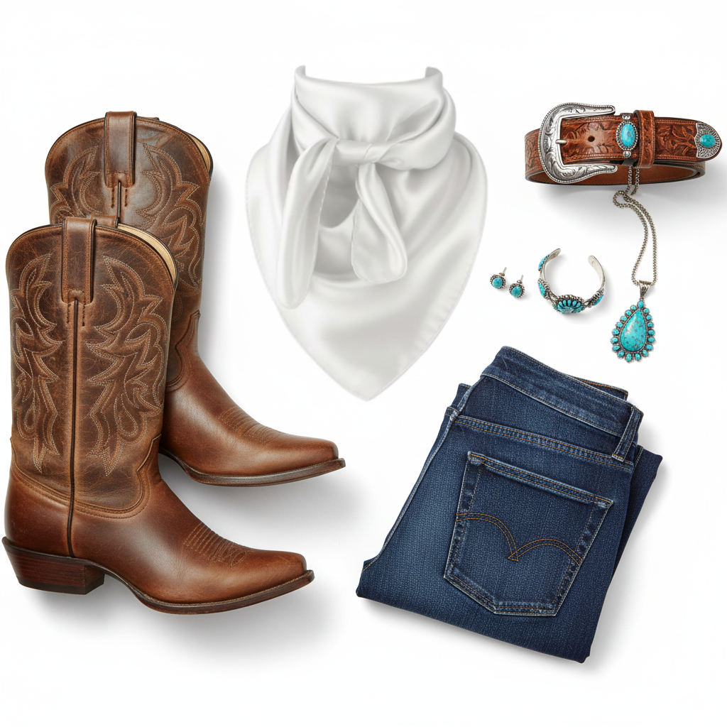 Flat lay white wild rag with cowboy boots belt denim western accessories