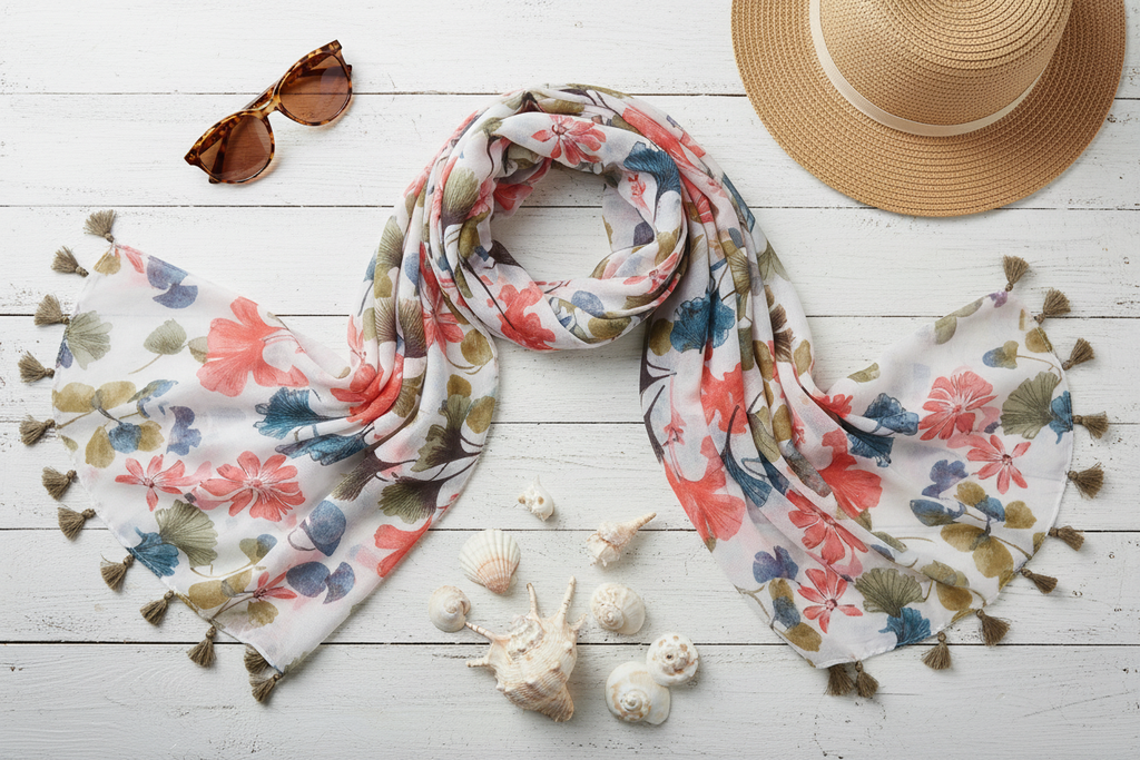 Flatlay of ginkgo leaf scarf with summer travel essentials, sunglasses and straw hat, vacation styling inspiration