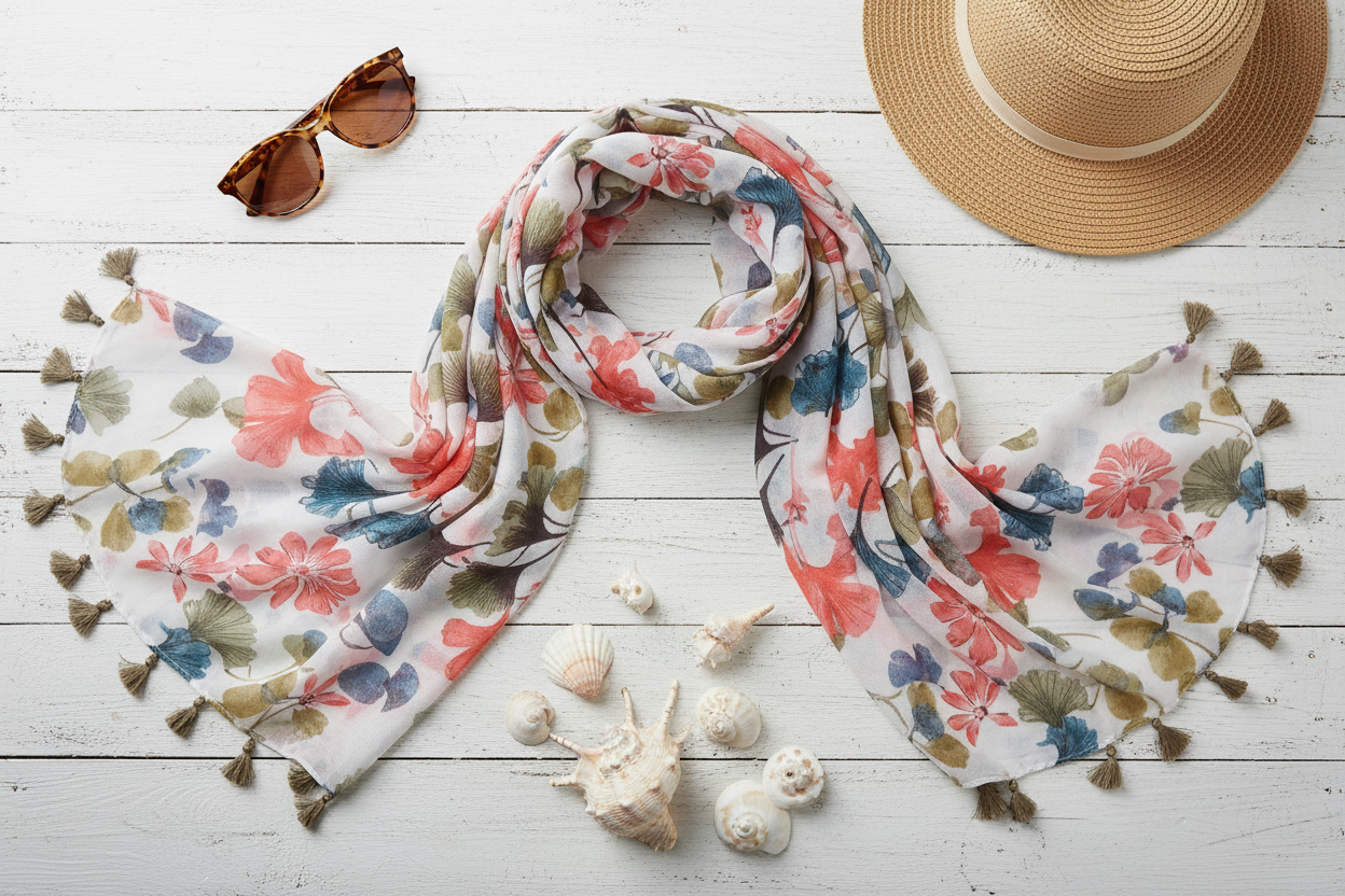 Flatlay of ginkgo leaf scarf with summer travel essentials, sunglasses and straw hat, vacation styling inspiration