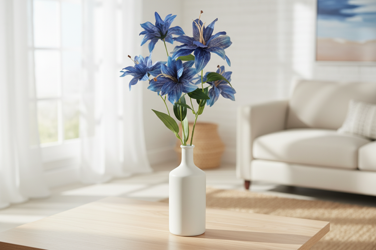 Dusty blue tiger lily stems in modern white ceramic vase on light wood table, serene coastal home decor