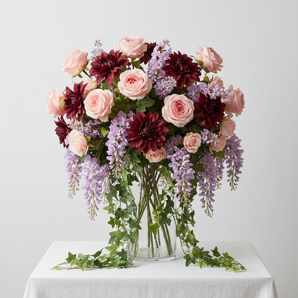 Full luxury floral shop arrangement with blush pink roses, burgundy dahlias, lavender wisteria and trailing ivy in a glass cylinder vase