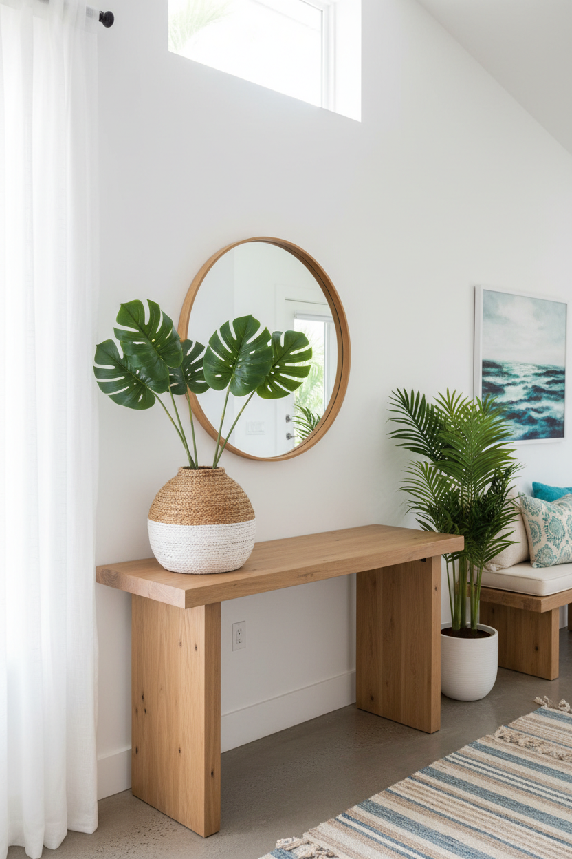 Coastal modern entryway with artificial Monstera leaf stems in woven basket vase on console table, bright airy tropical decor