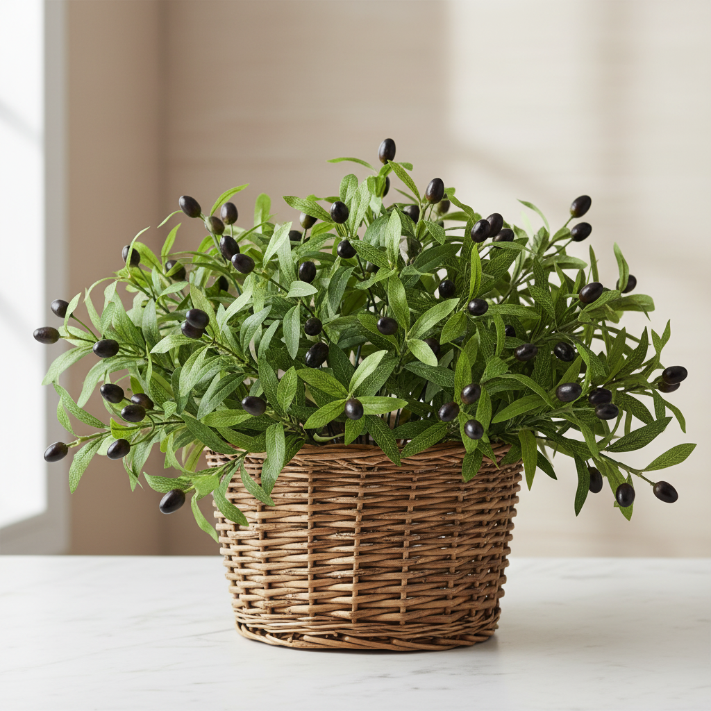 Wicker basket overflowing with artificial olive branch stems with green leaves and dark black berries in professional florist arrangement
