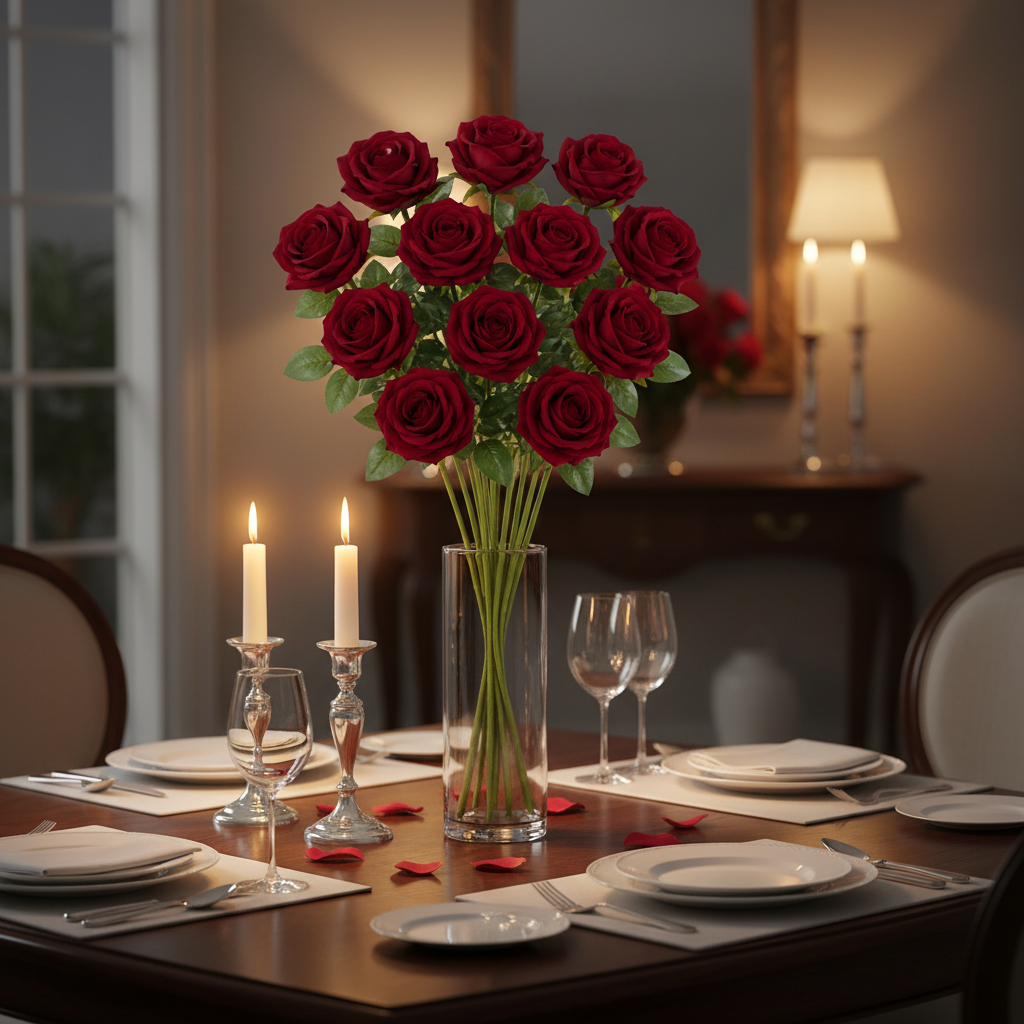 12 dark red artificial roses displayed in a glass vase on a romantic candlelit dining table