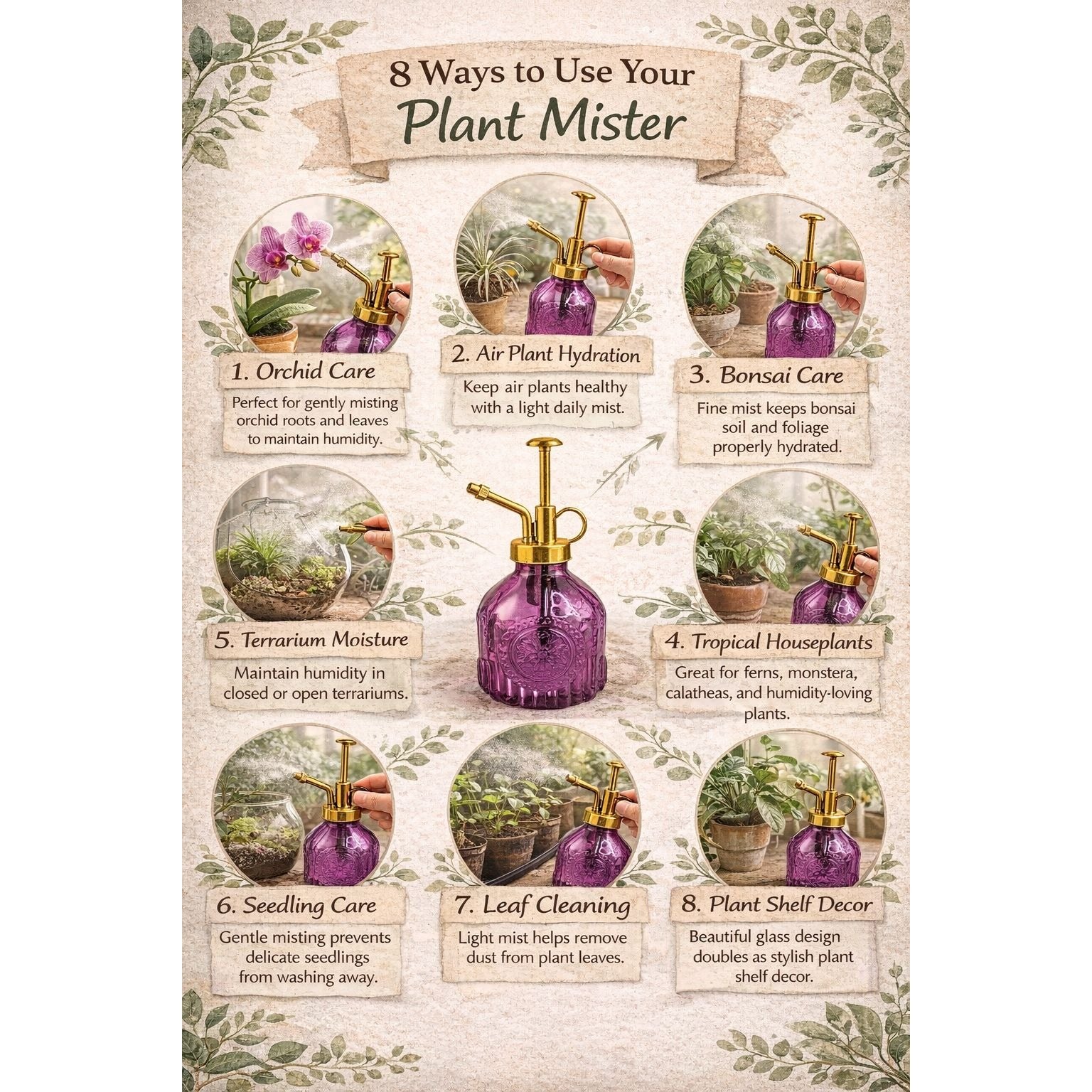 Purple Glass Plant Mister Spray Bottle Gold Pump Orchid Bonsai Air Plant