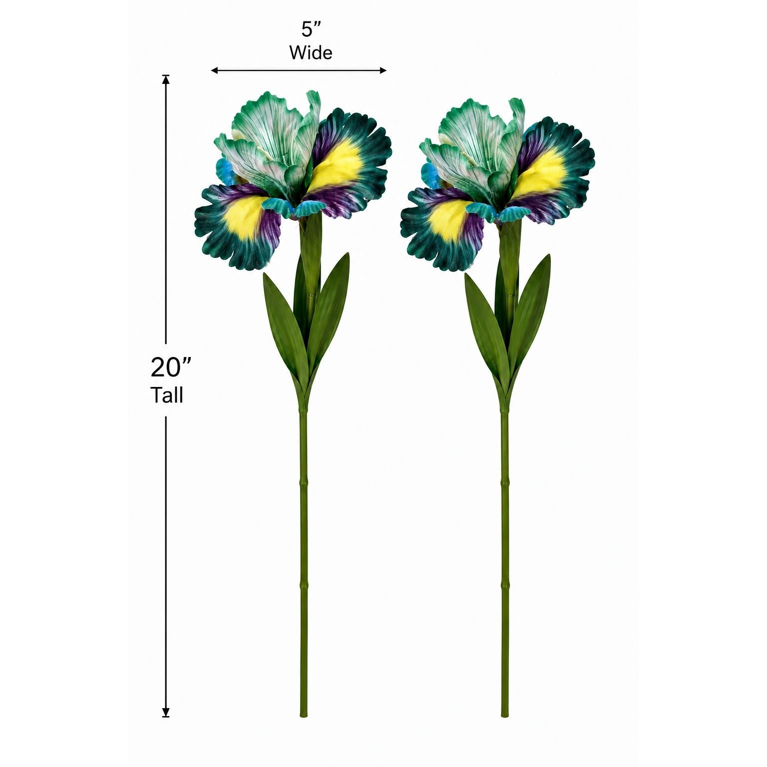 Two artificial flowers with measurements on a white background