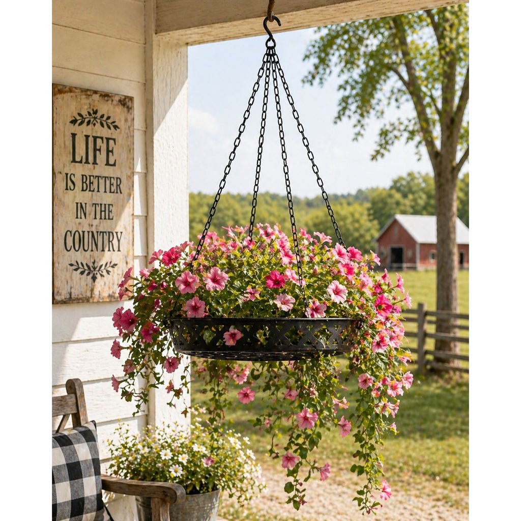 Black Metal Hanging Planter Basket 12" Rustic Farmhouse Boho Indoor Outdoor