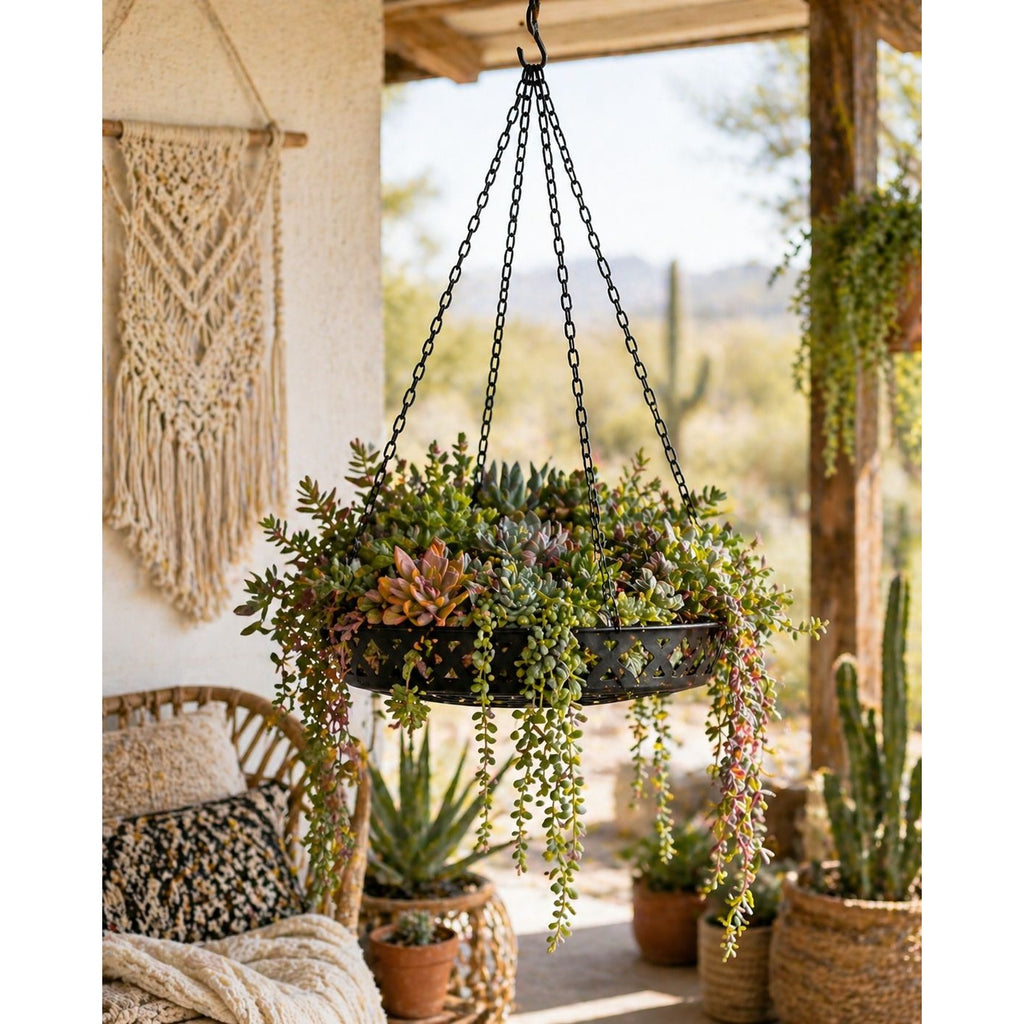 Black Metal Hanging Planter Basket 12" Rustic Farmhouse Boho Indoor Outdoor