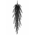 A black artificial hanging vine or garland with dense, leafy branches, suspended from a thin black stem against a plain white background.