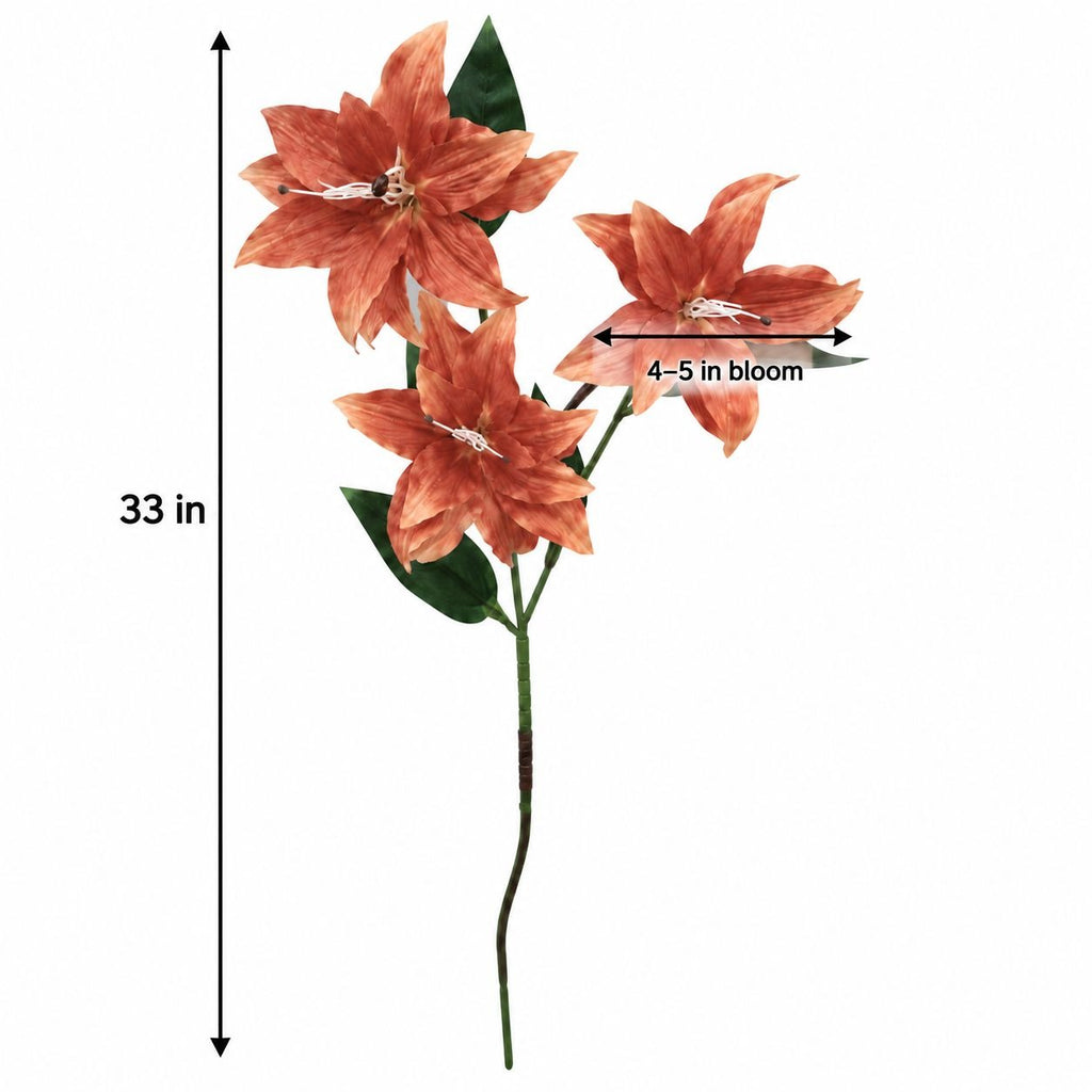 Warm Terracotta Artificial Lily Stem, 33-Inch, 3-Bloom Faux Flower