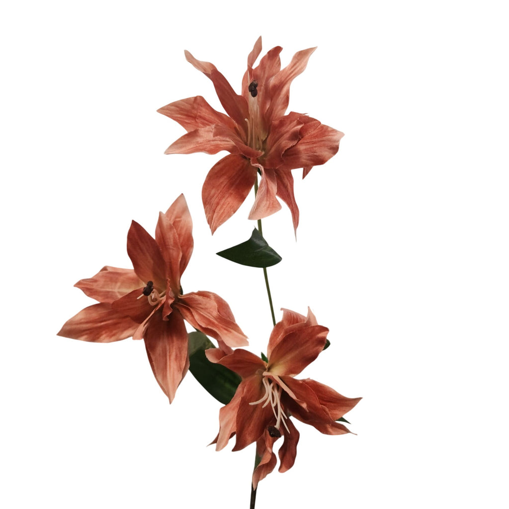 Warm Terracotta Artificial Lily Stem, 33-Inch, 3-Bloom Faux Flower