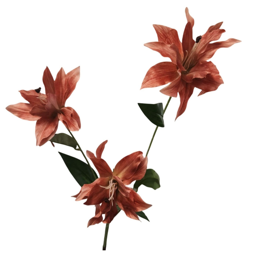 Warm Terracotta Artificial Lily Stem, 33-Inch, 3-Bloom Faux Flower