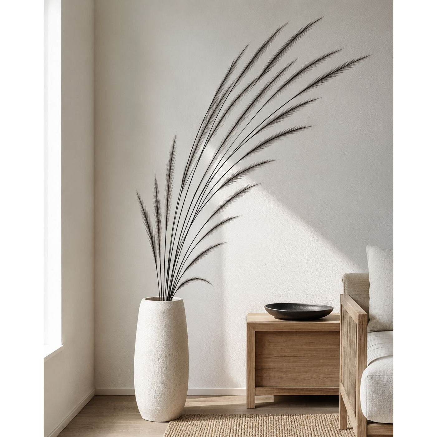 A tall textured off-white ceramic vase holding a large black dried palm frond, styled in a minimalist room corner next to a light wood side table and a white armchair.