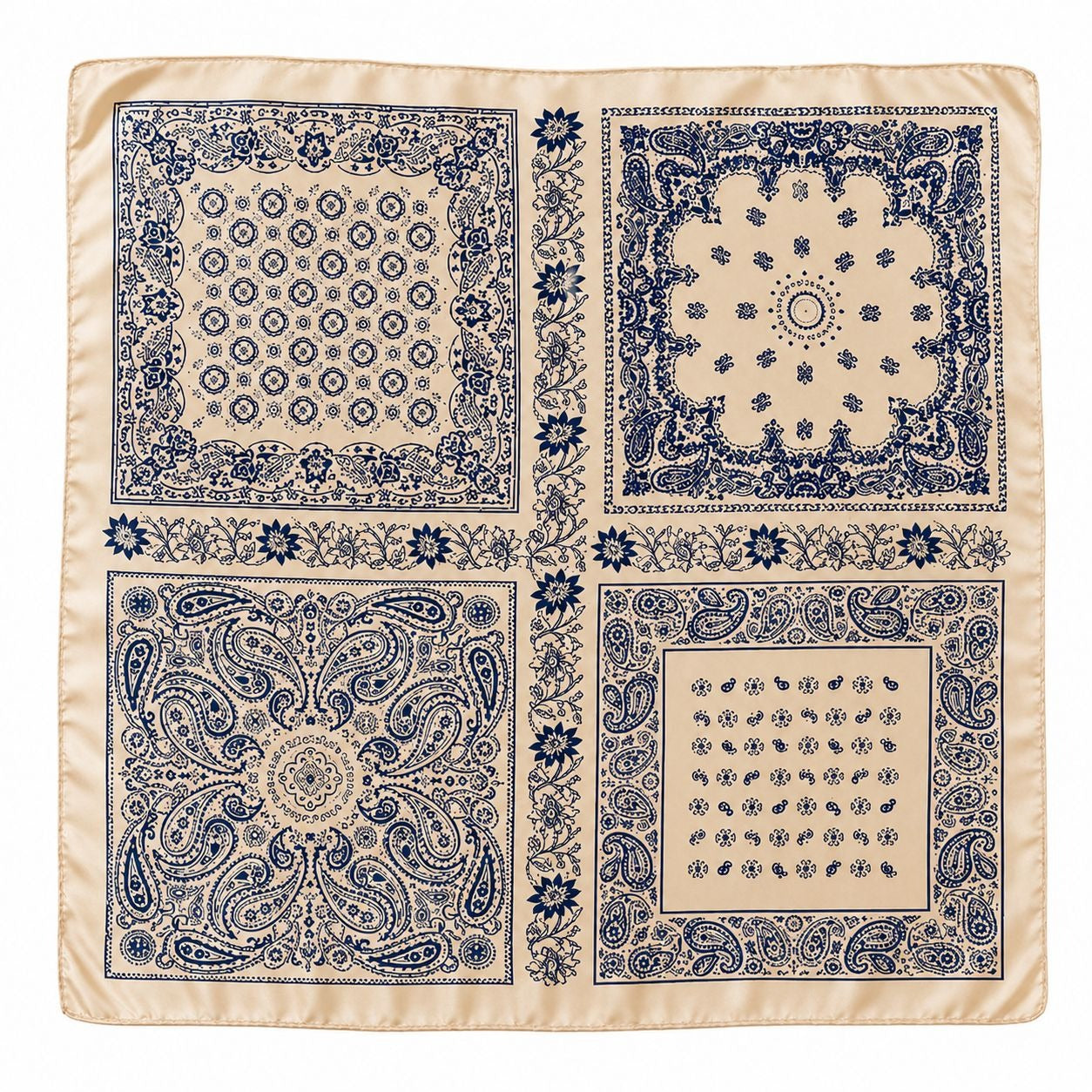  Beige & Navy Blue  Satin Scarf 35x35 Inches Versatile Square Head Neck Wrap