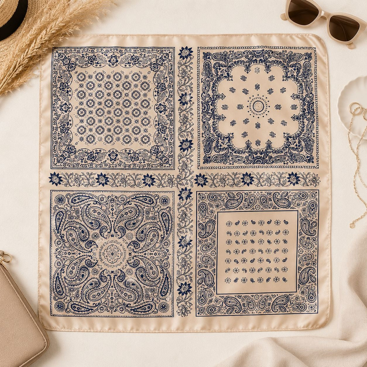 Decorative bandana with intricate patterns on a light background