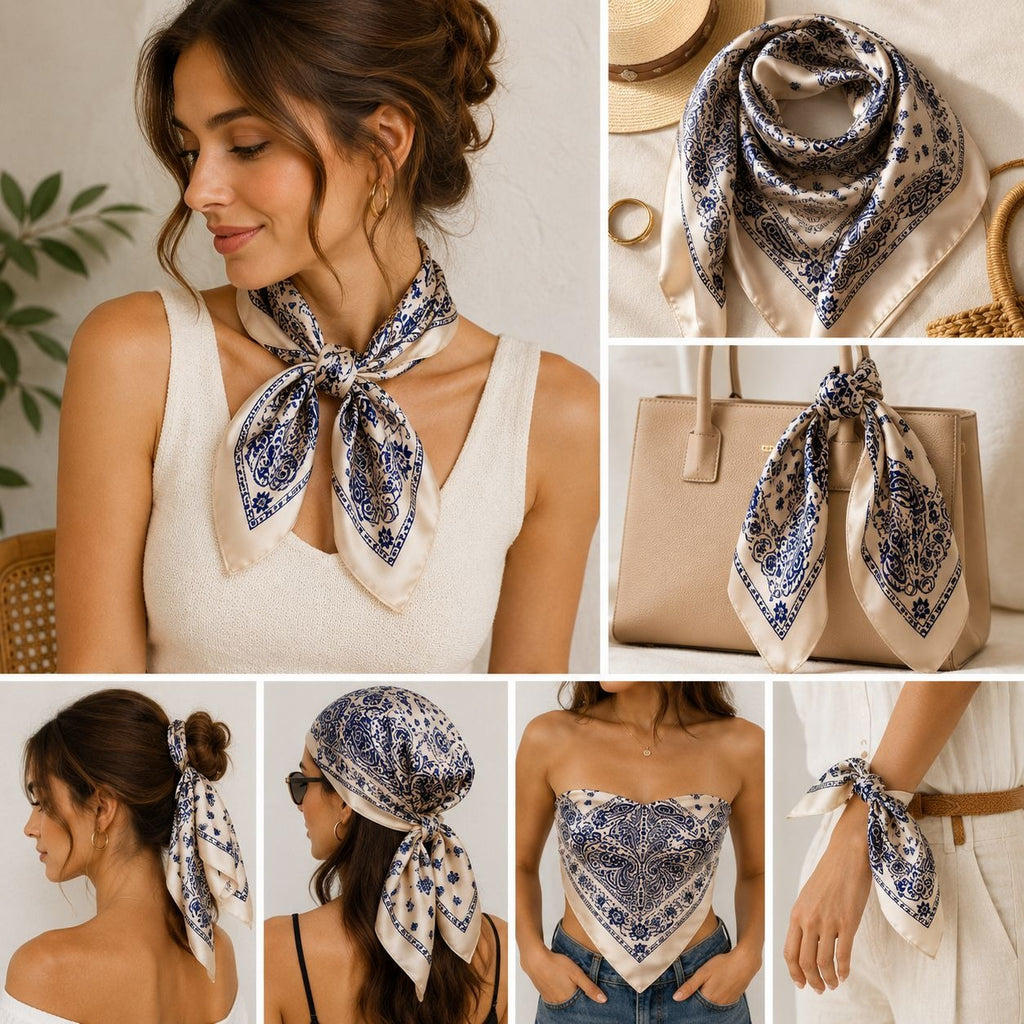 Woman wearing a patterned scarf with various applications including around her neck, on a handbag, and as a headscarf.