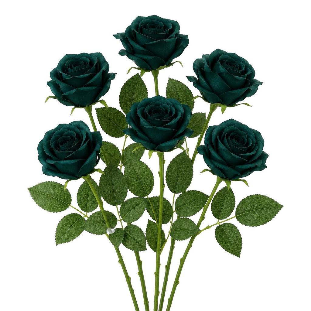 Dark Teal Green Artificial Rose Stems Set of 6 Peacock Teal Faux Roses Boho Wedding Moody Floral Decor 17 Inch