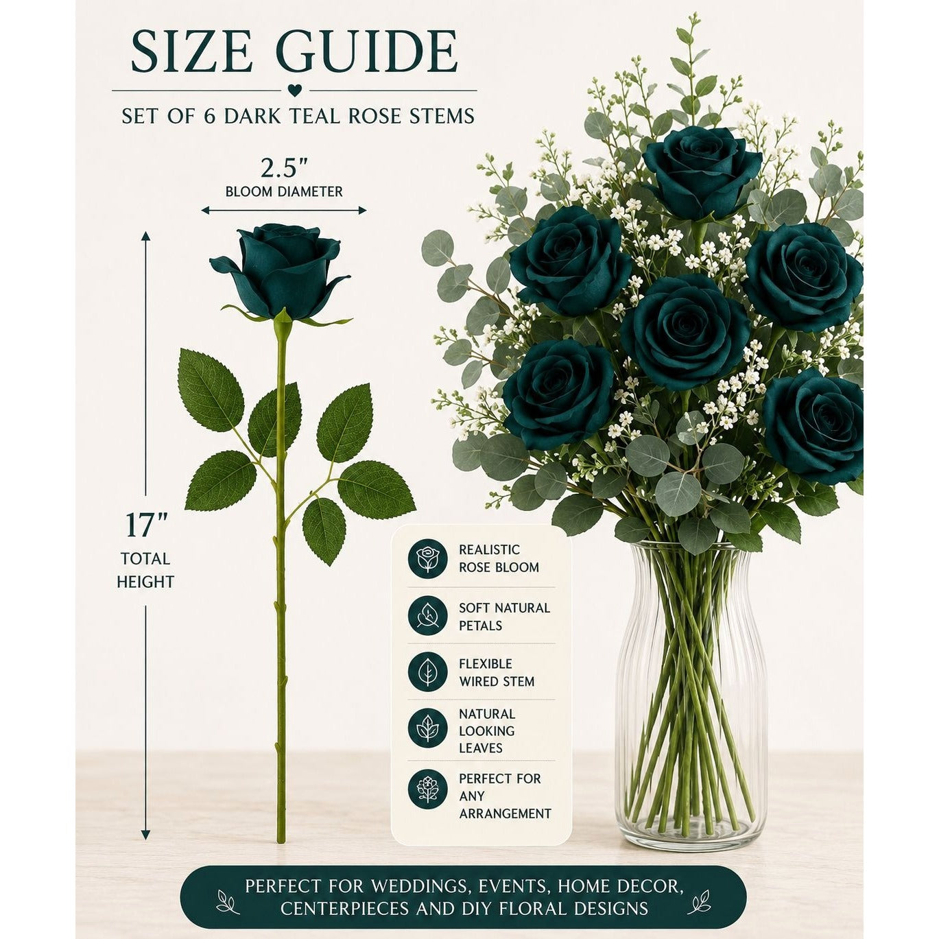 Dark Teal Green Artificial Rose Stems Set of 6 Peacock Teal Faux Roses Boho Wedding Moody Floral Decor 17 Inch