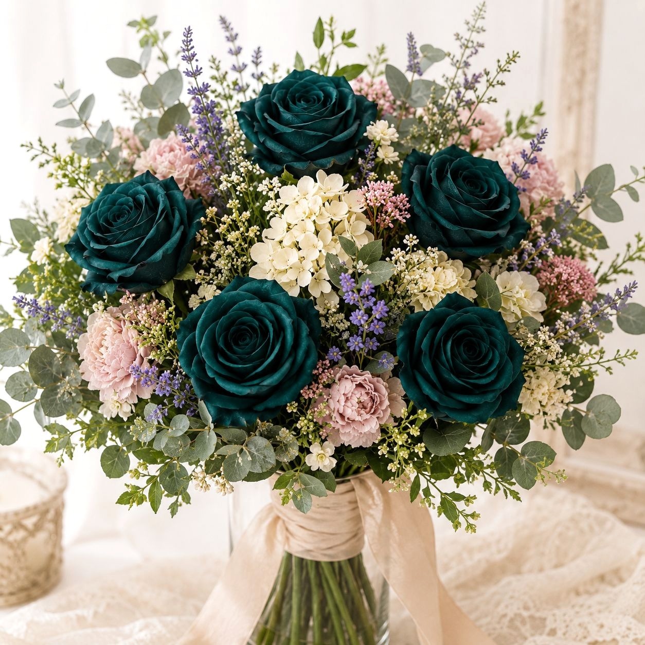 Dark Teal Green Artificial Rose Stems Set of 6 Peacock Teal Faux Roses Boho Wedding Moody Floral Decor 17 Inch