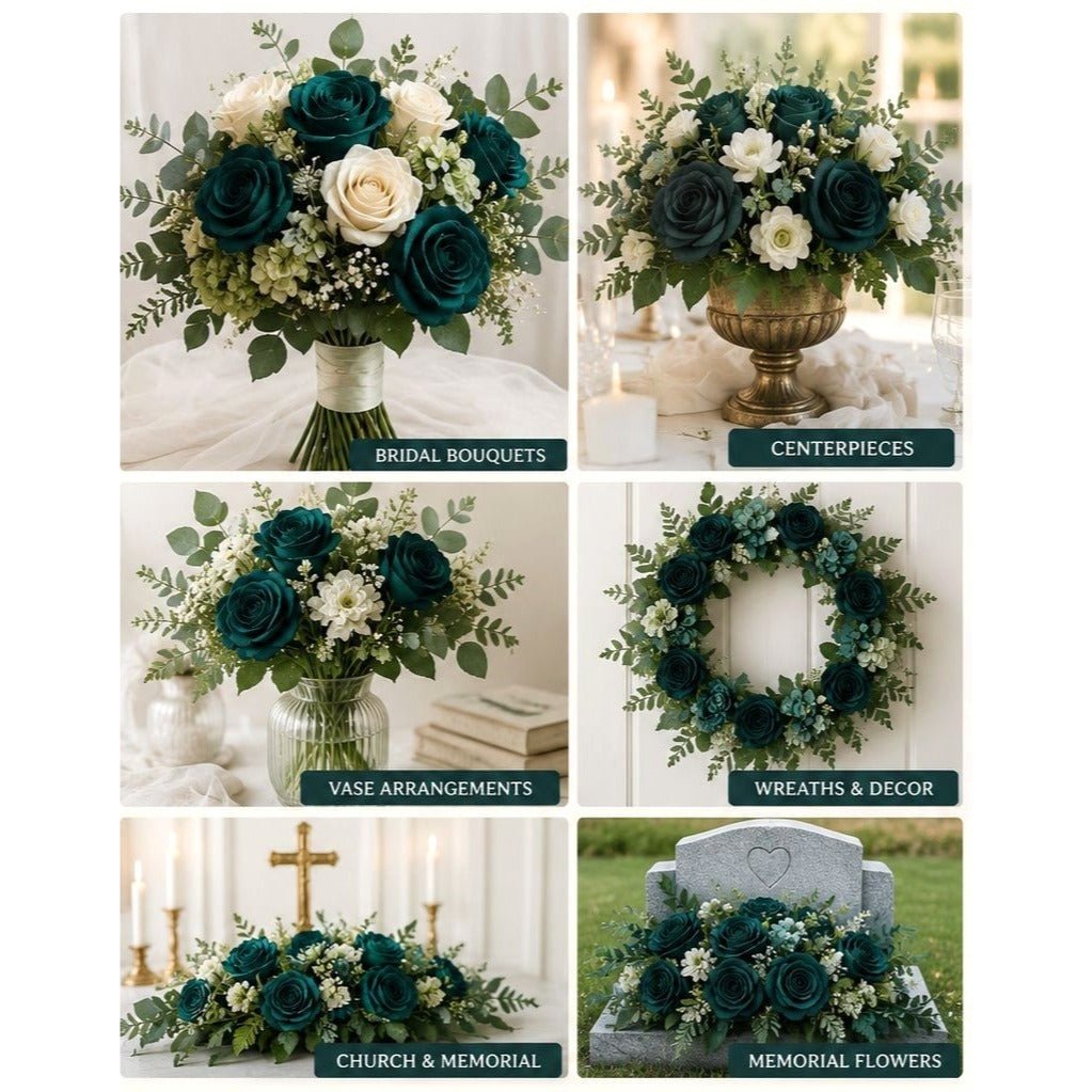 Dark Teal Green Artificial Rose Stems Set of 6 Peacock Teal Faux Roses Boho Wedding Moody Floral Decor 17 Inch