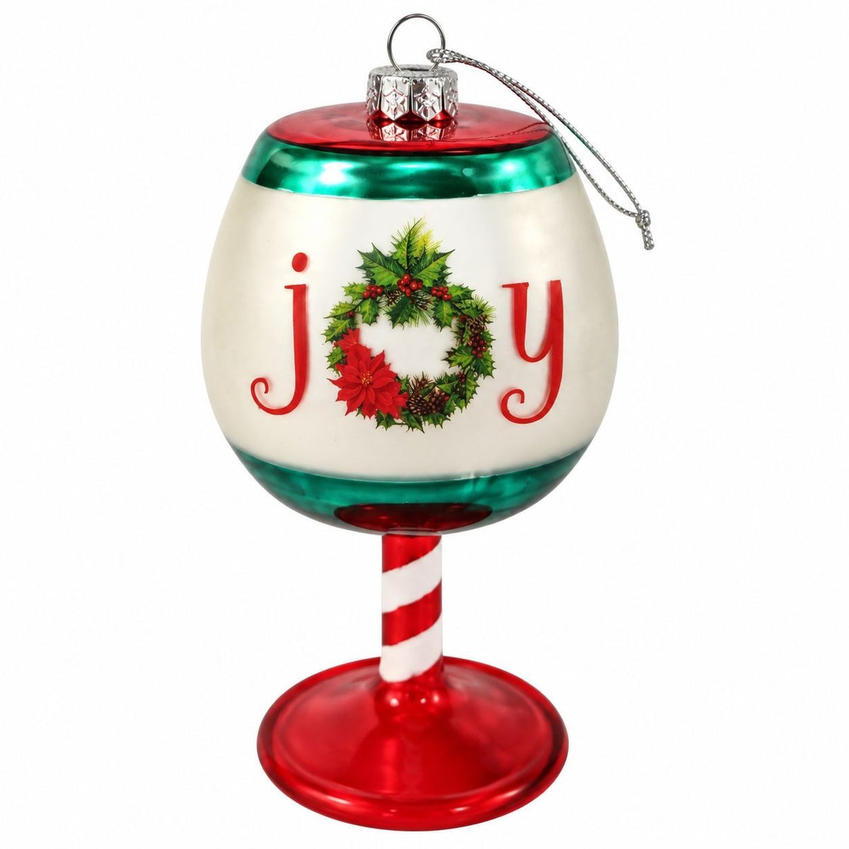 Vintage Mercurized Glass Wine Glass Ornament, Poinsettia, 5-Inch