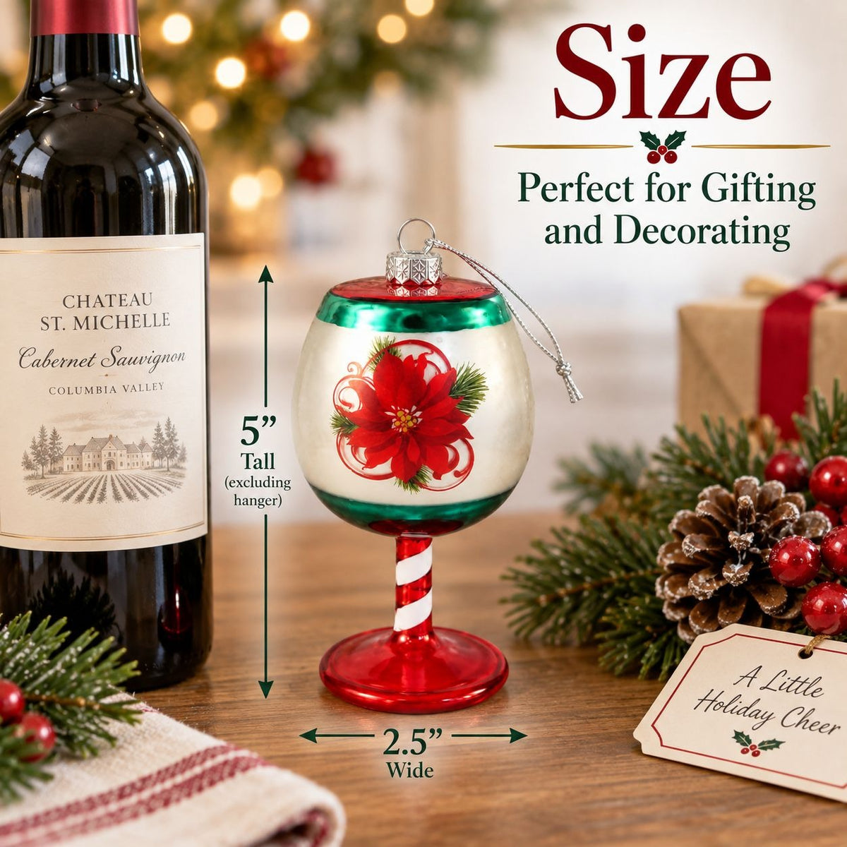 Vintage Mercurized Glass Wine Glass Ornament, Poinsettia, 5-Inch