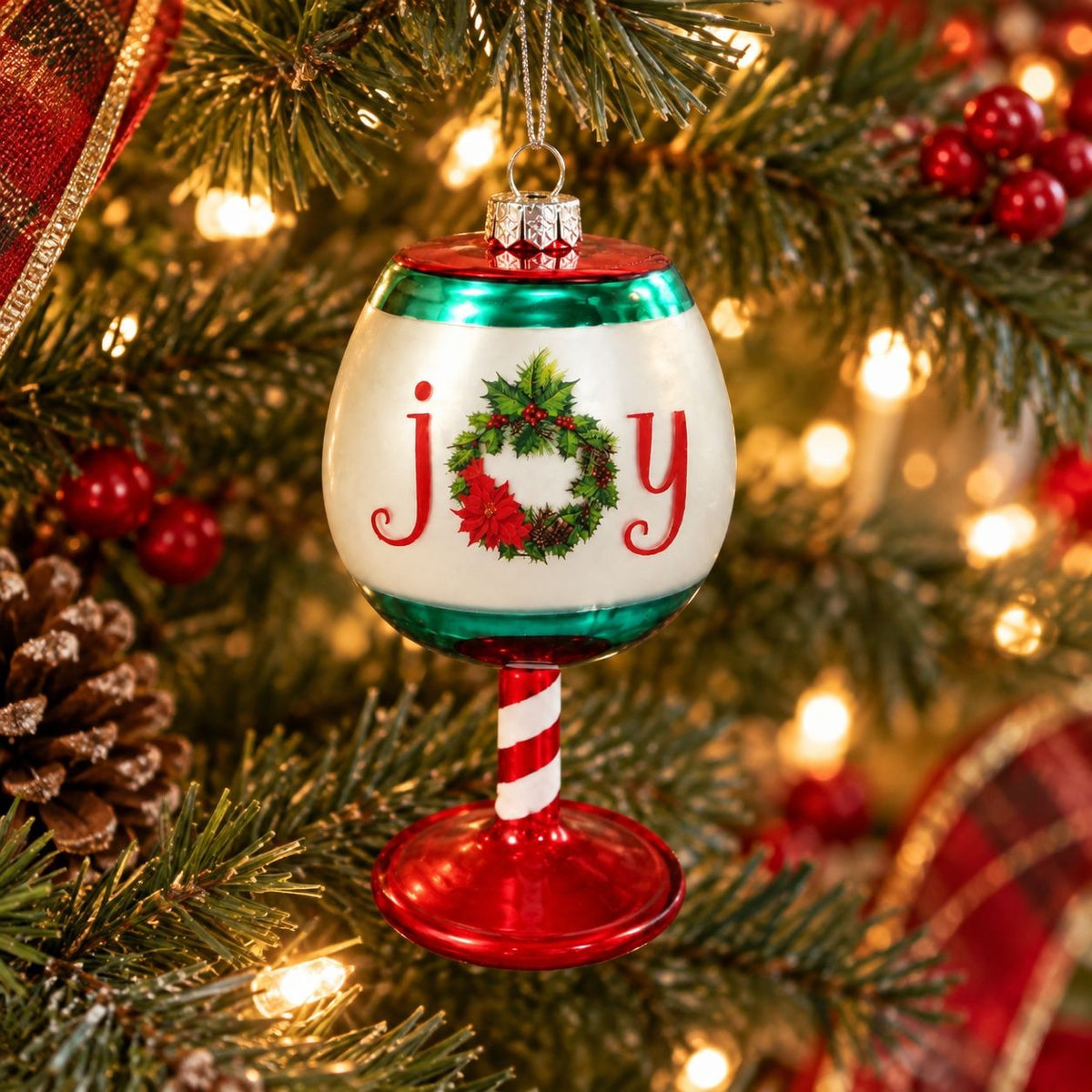 Vintage Mercurized Glass Wine Glass Ornament, Poinsettia, 5-Inch