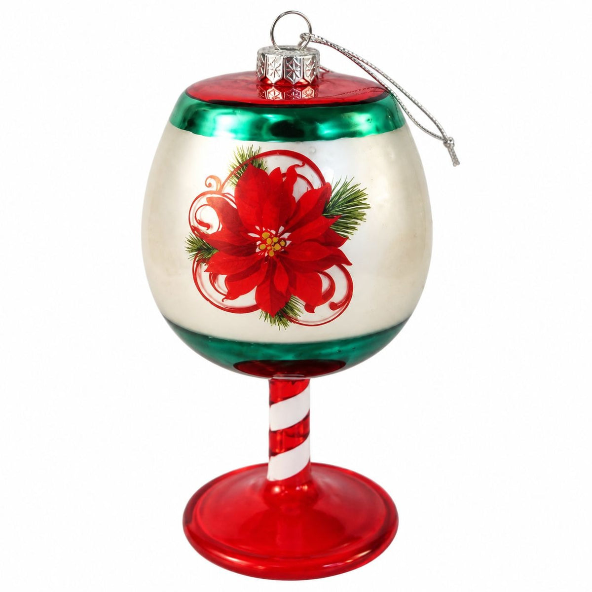 Vintage Mercurized Glass Wine Glass Ornament, Poinsettia, 5-Inch