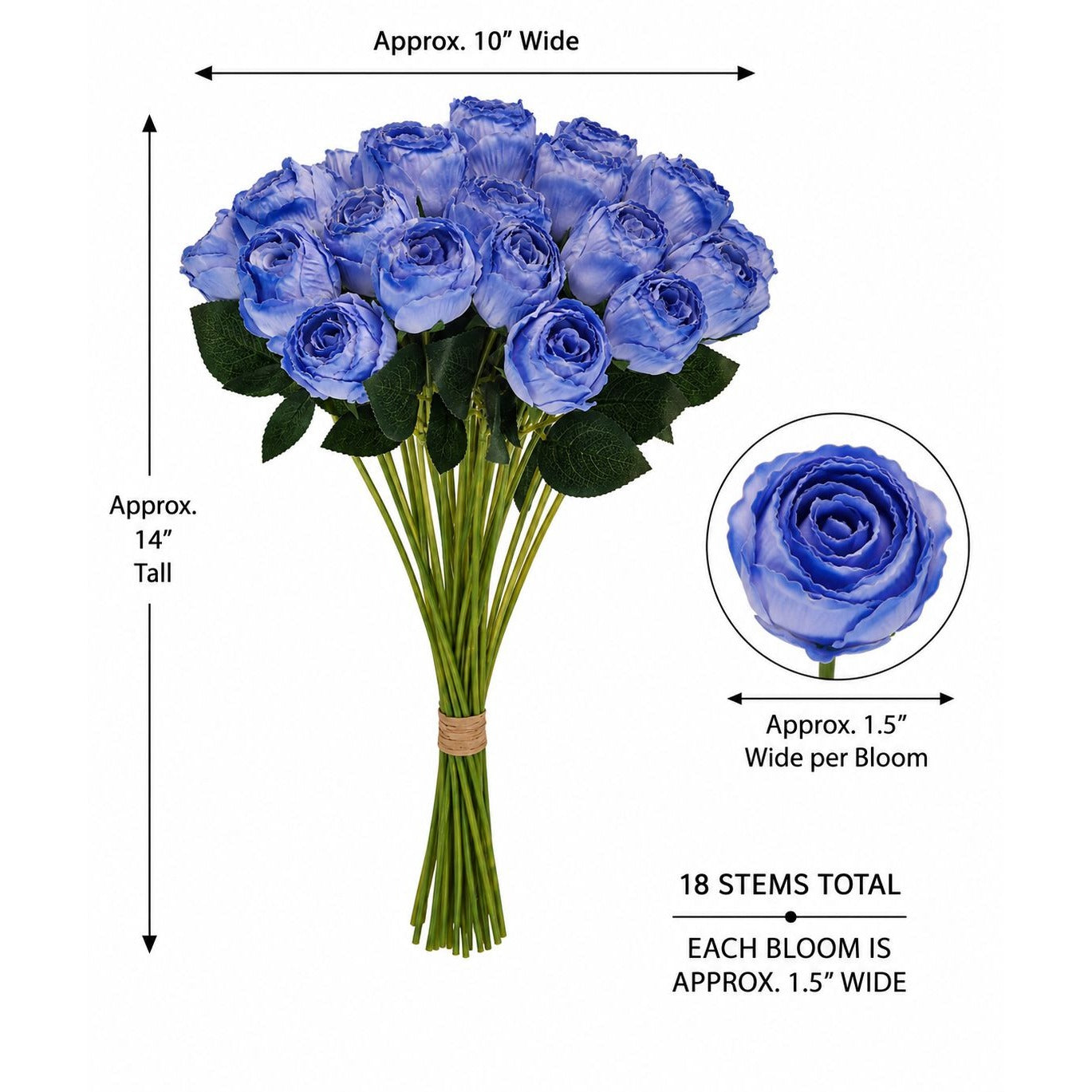 Blue artificial rose bouquet with dimension labels showing approximately 10 inches wide, 14 inches tall, and 1.5 inches wide per bloom, on a white background.