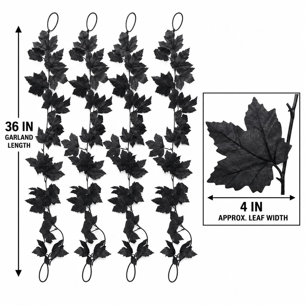 Black Maple Leaf Garland Set of 4, 36 Inch Faux Halloween Foliage
