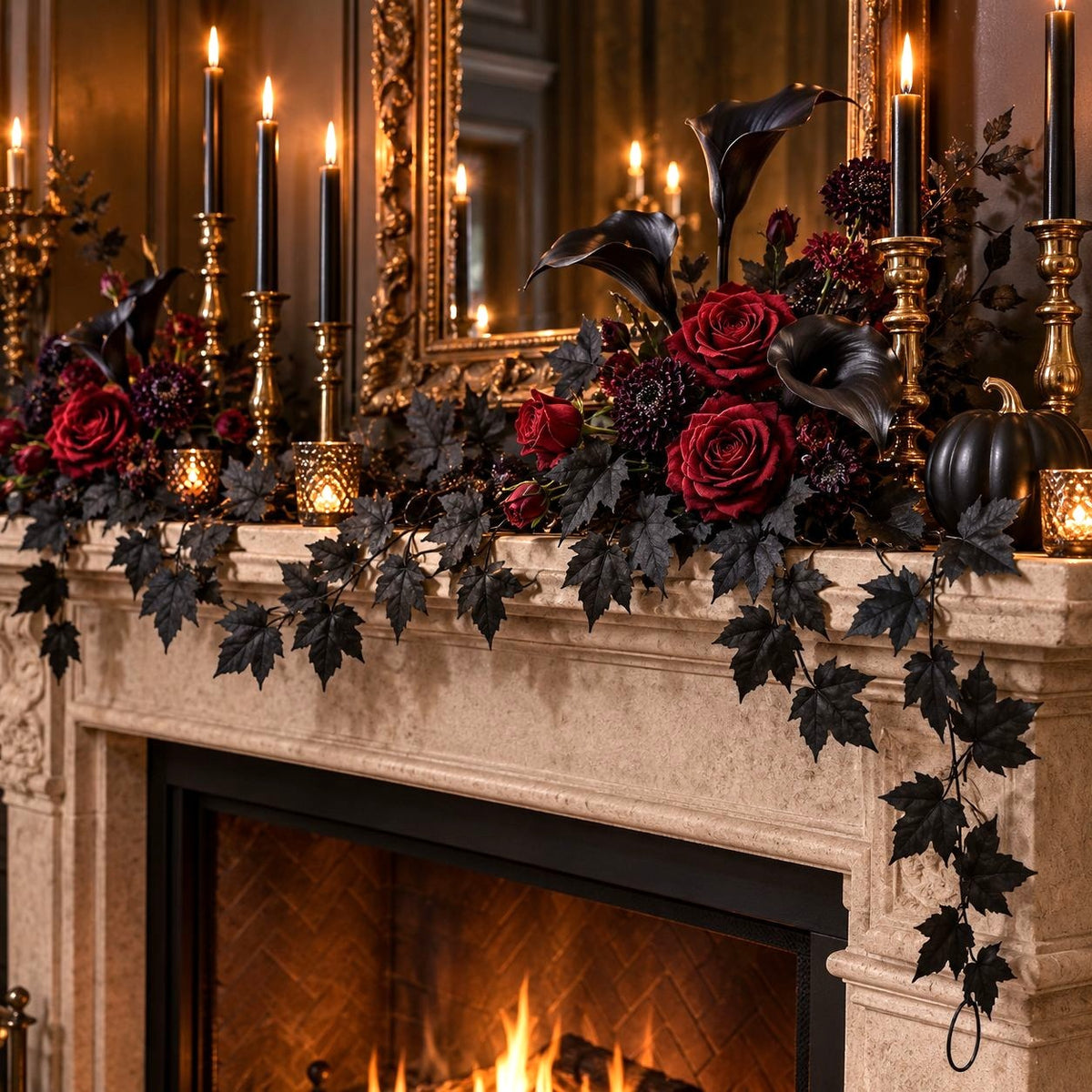 Black Maple Leaf Garland Set of 4, 36 Inch Faux Halloween Foliage
