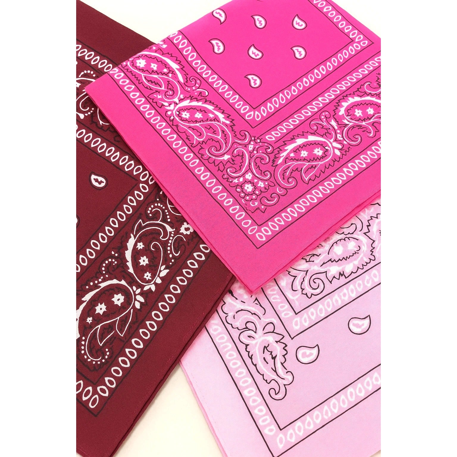 Burgundy Hot Pink Colorful Bandanas 21x21 Inch Square Western Style Scarves Set of 3