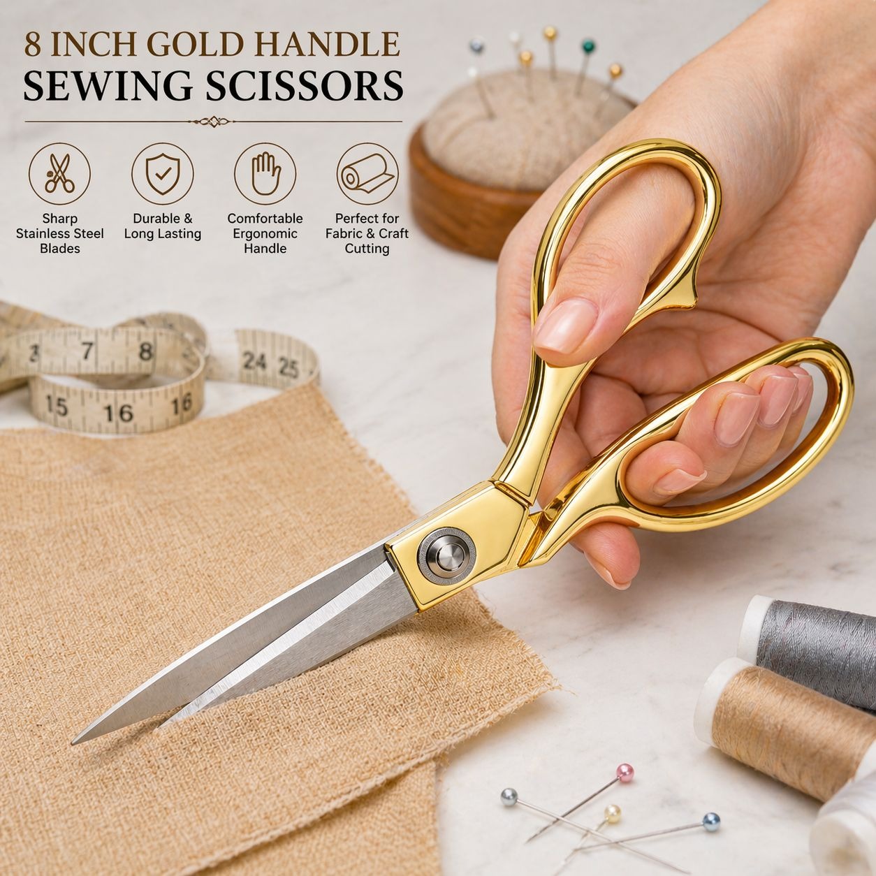 Gold Handle Sewing Scissors 8 Inch Stainless Steel Silver Blades Tailor Shears Fabric Cutting