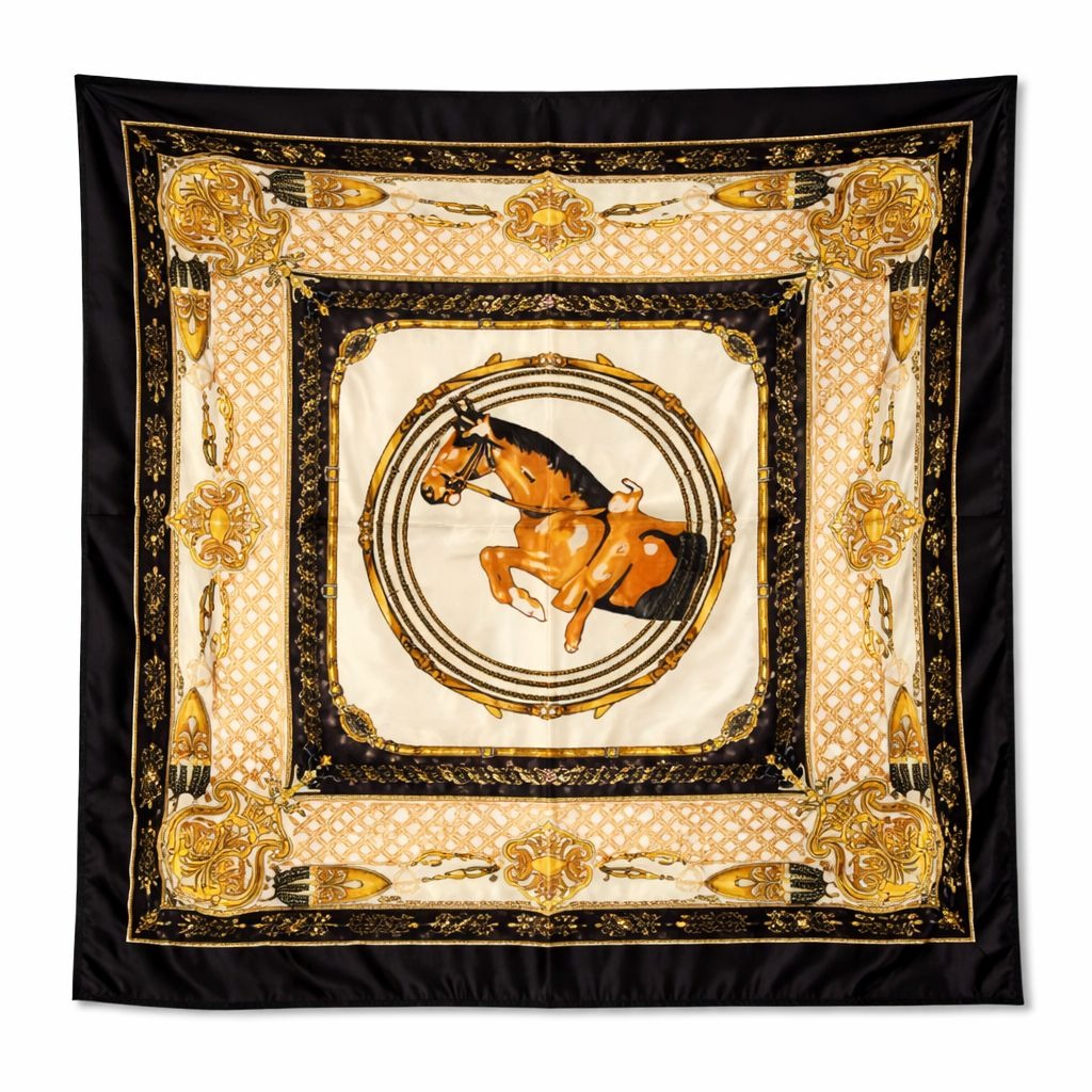 Navy Gold Horse Equestrian Satin Square Scarf 20x20 Hair Neck Head Wrap