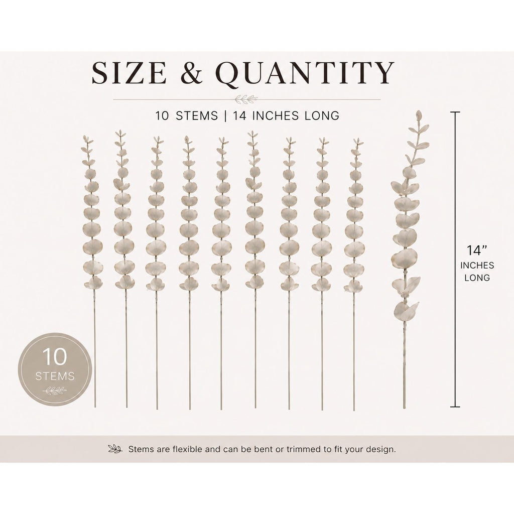 Product packaging with 10 stems of decorative elements, each 14 inches long, on a white background.
