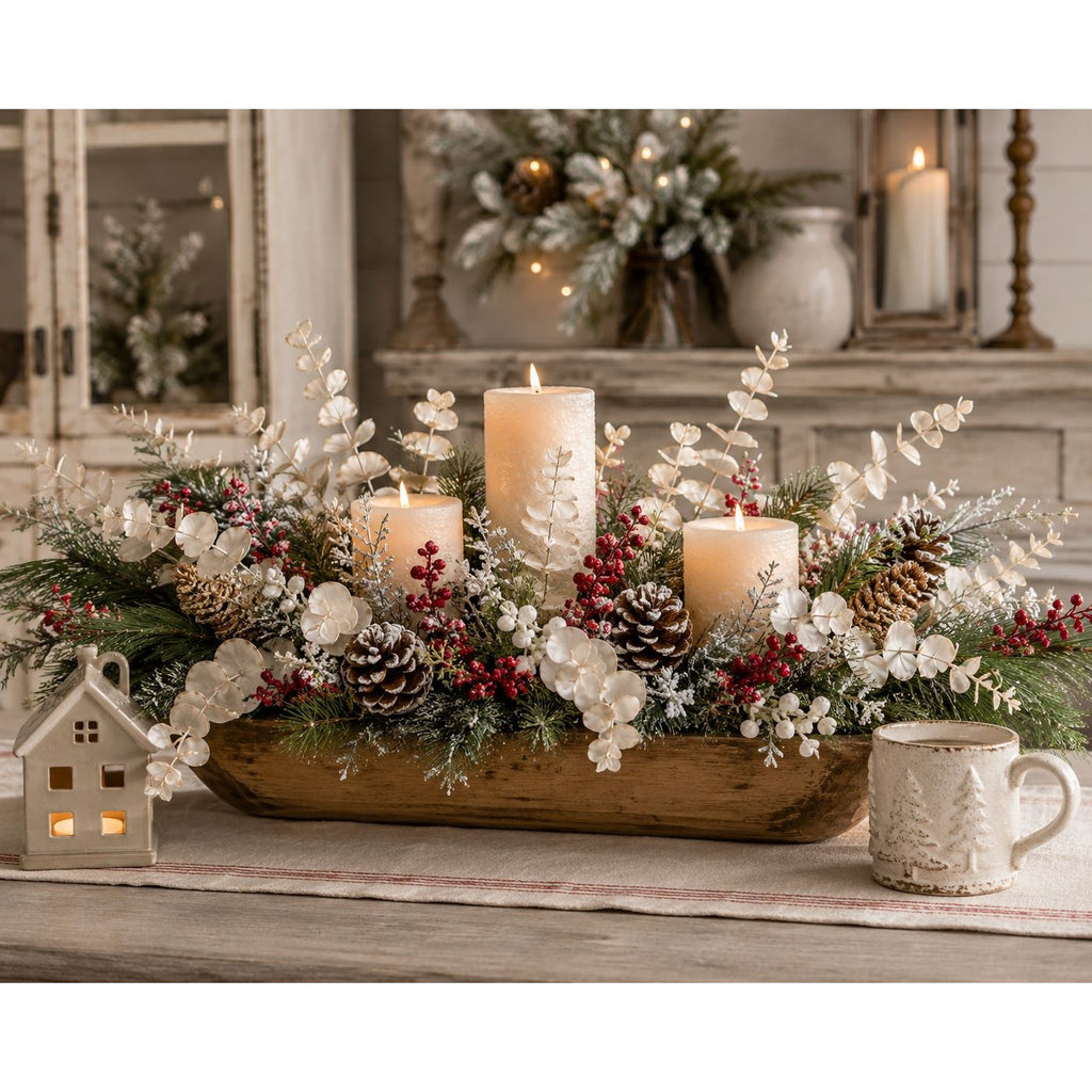 Decorative centerpiece with candles, flowers, and a mug on a table.
