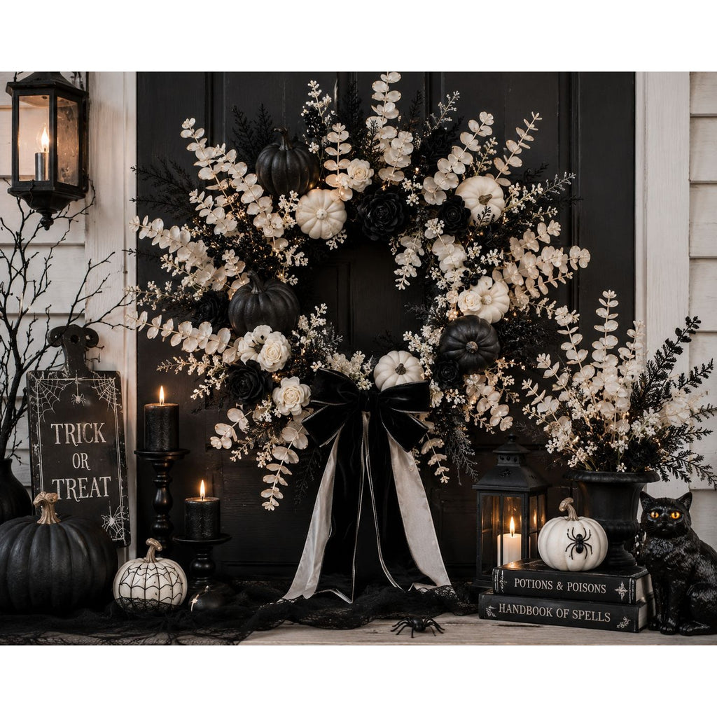 Halloween wreath with pumpkins, candles, and a black cat on a door.