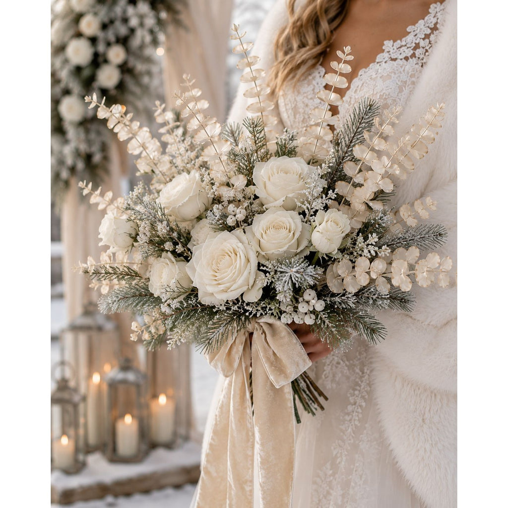 Bouquet of white flowers with greenery held by a person in a white dress, with a snowy background.