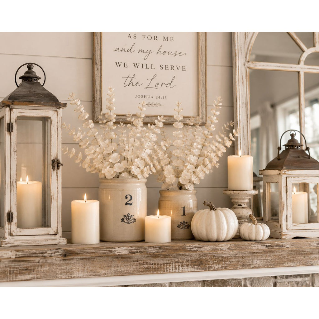 Decorative shelf with candles, lanterns, and a framed quote on a wooden surface.