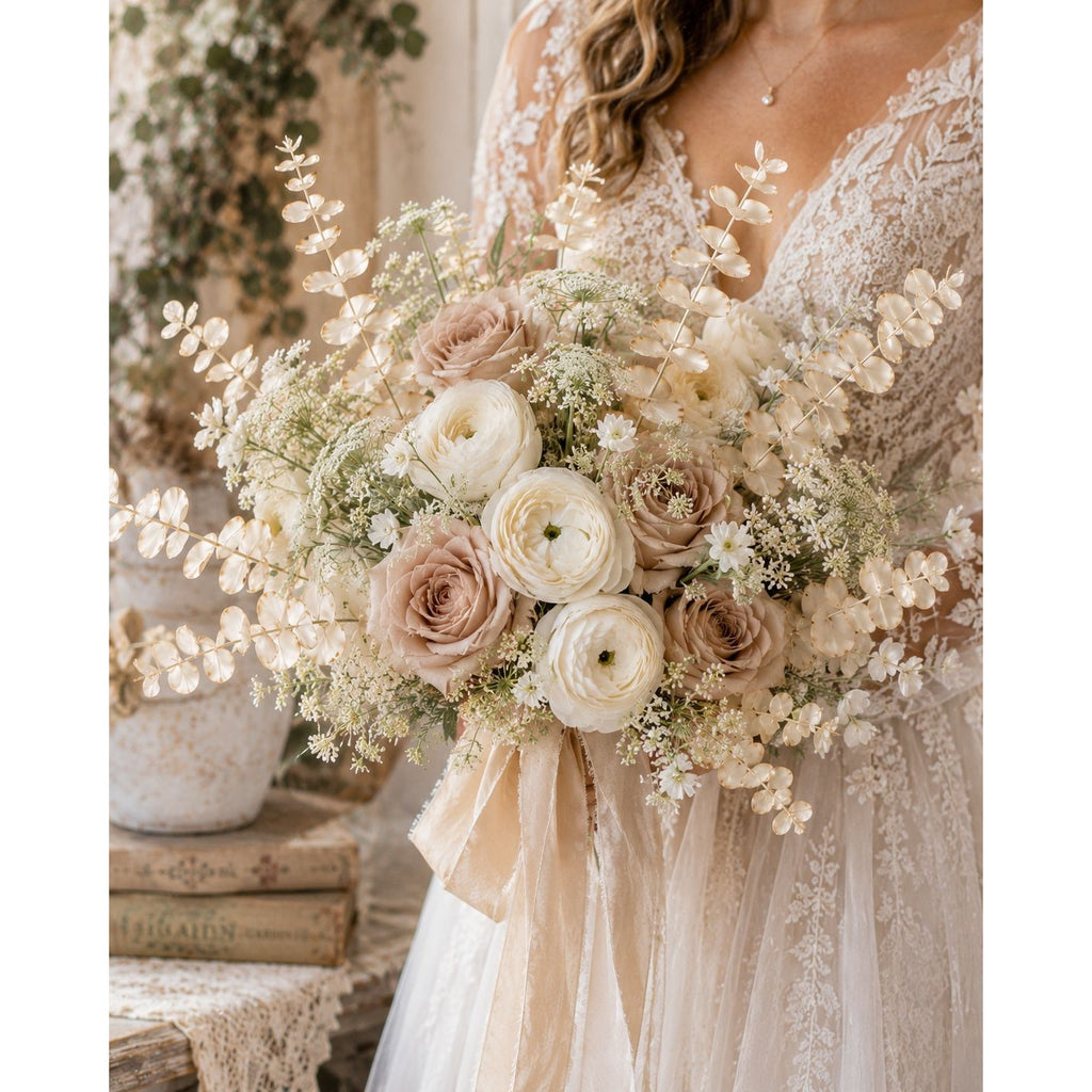 Bouquet of flowers held by a person wearing a lace dress.