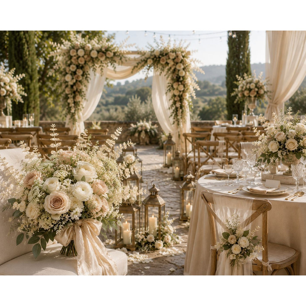 Decorative outdoor wedding setup with floral arrangements and lanterns.