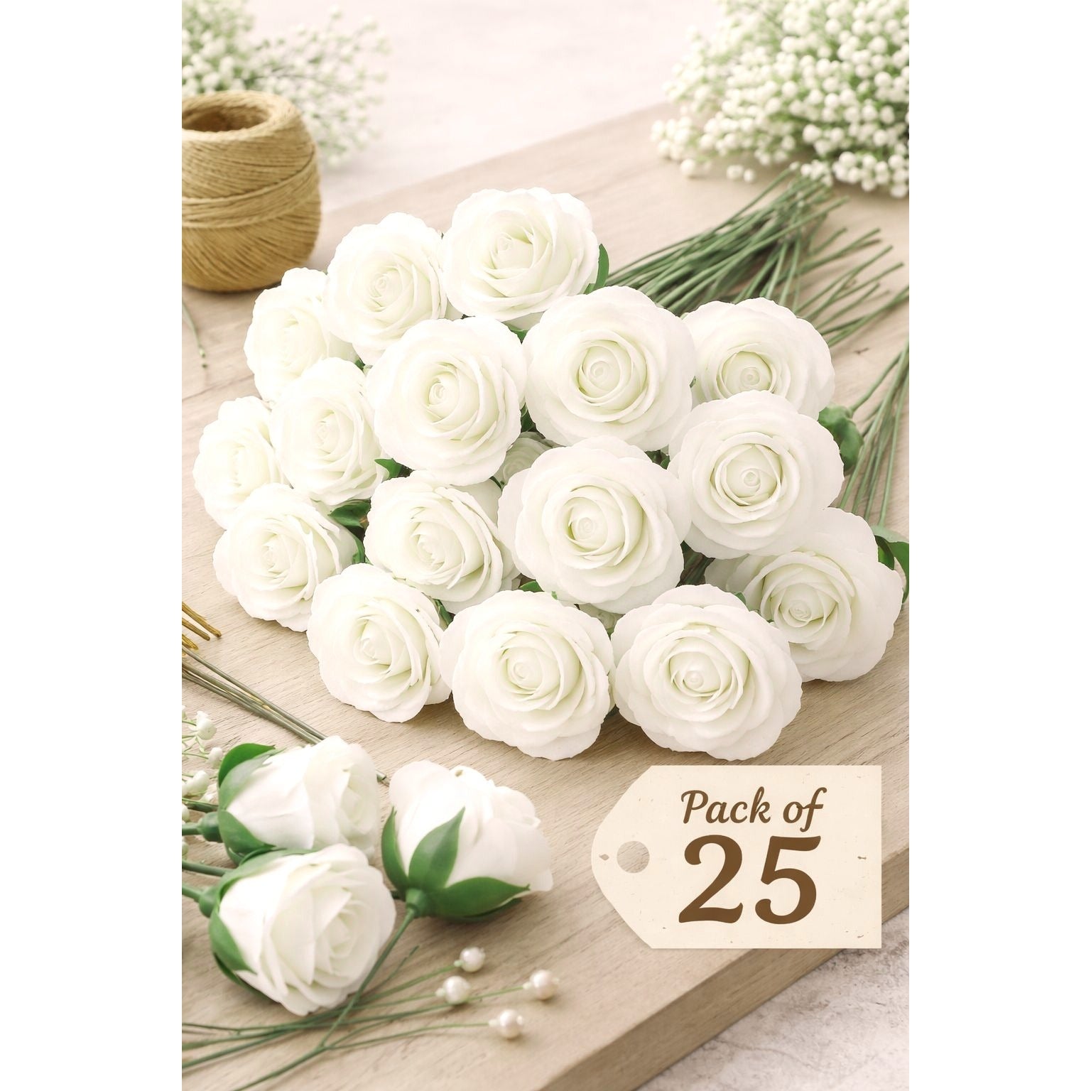 White Artificial Roses Pack 25 Foam Bloom Bridal Bouquet Corsage Boutonniere Wreath DIY Floral Wedding Decor