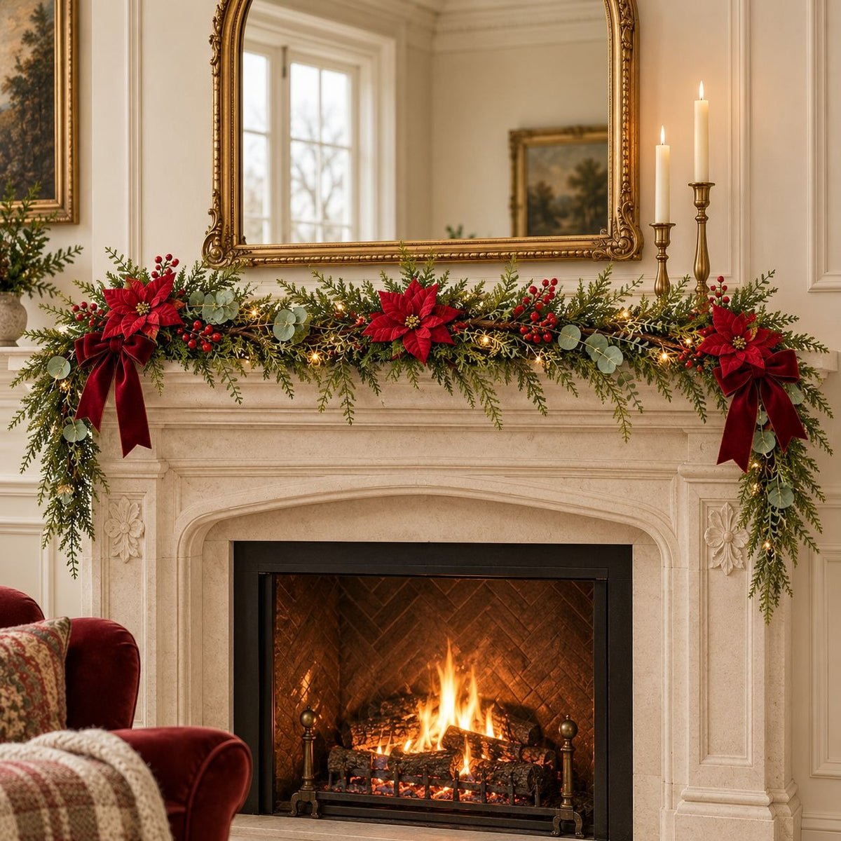 Faux Norfolk Pine & Eucalyptus Christmas Holiday Garland, 6 Ft Indoor Outdoor