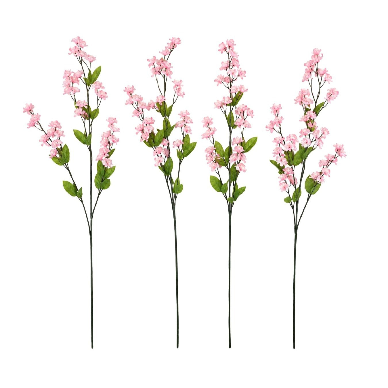 Four artificial pink flowering branches with green leaves and long dark stems, arranged side by side on a plain white background.