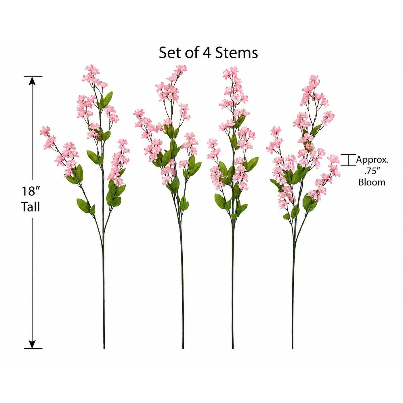 Four artificial pink blossom stems with green leaves on long dark stems, shown on a white background with text indicating a set of 4 stems, 18-inch tall, and approximately 75-inch bloom length.