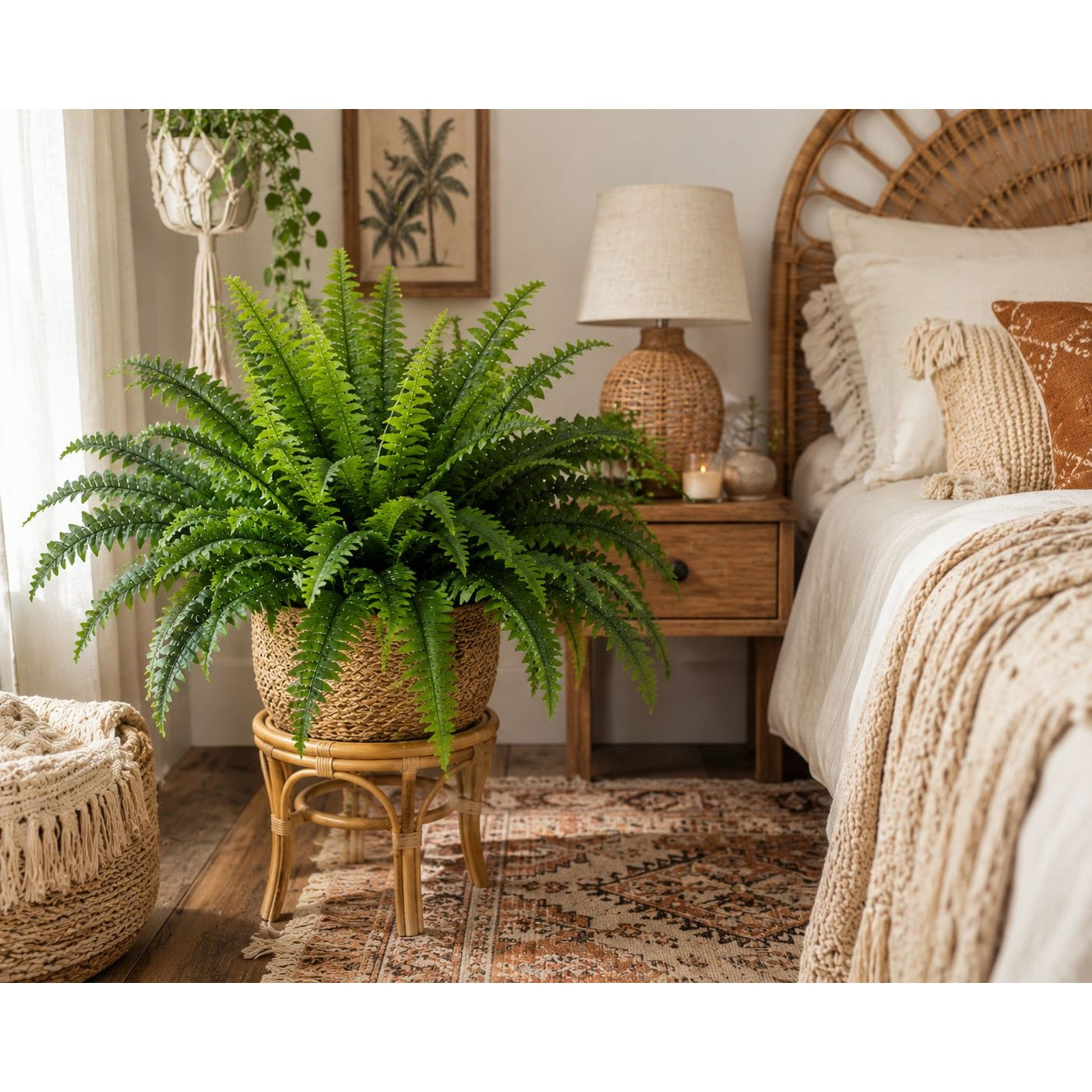 Set of 2 Faux Boston Fern Bushes 21 Inch Artificial Fern Greenery Bushes Realistic Indoor Outdoor Planter Filler Decor