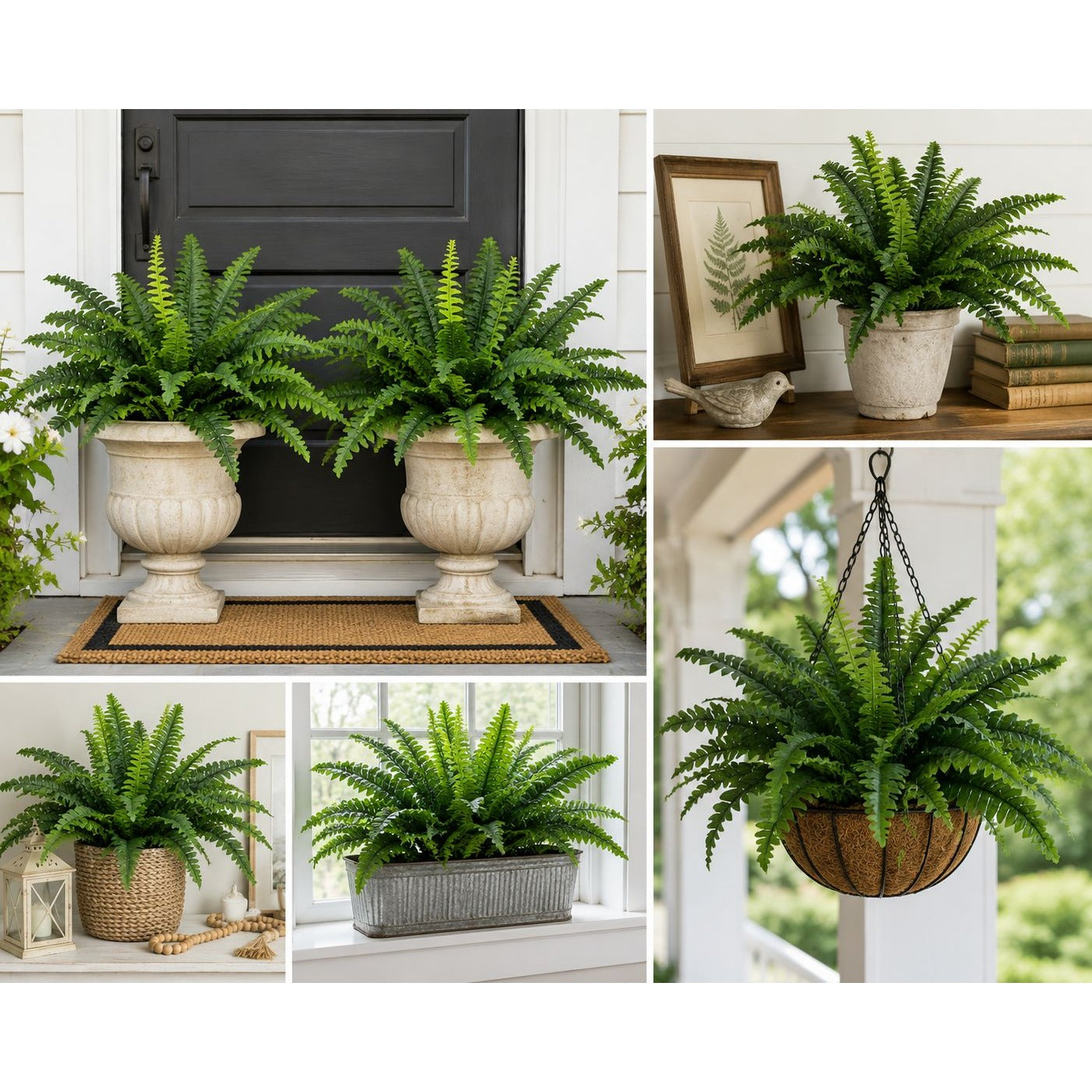 Set of 2 Faux Boston Fern Bushes 21 Inch Artificial Fern Greenery Bushes Realistic Indoor Outdoor Planter Filler Decor