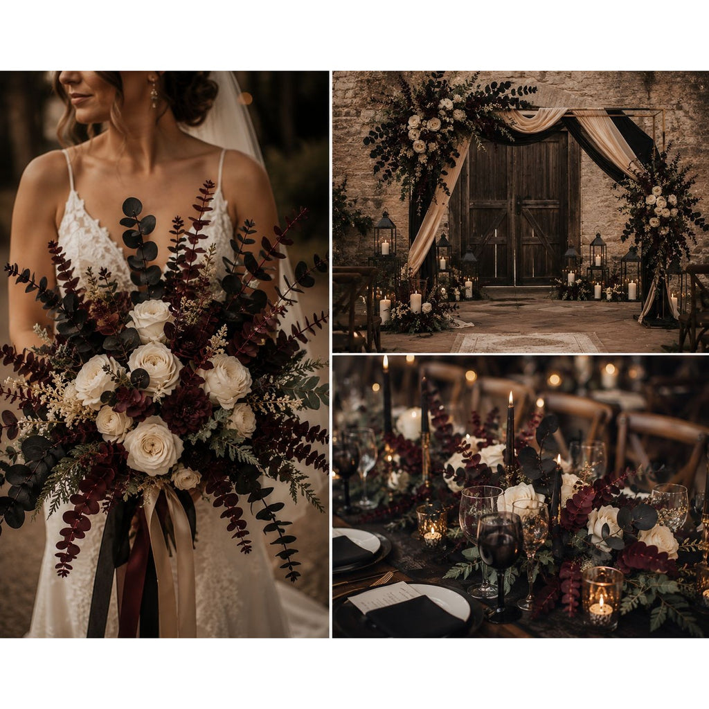 Collage of a bride with a large floral bouquet, an elegant indoor setting, and a decorated table.